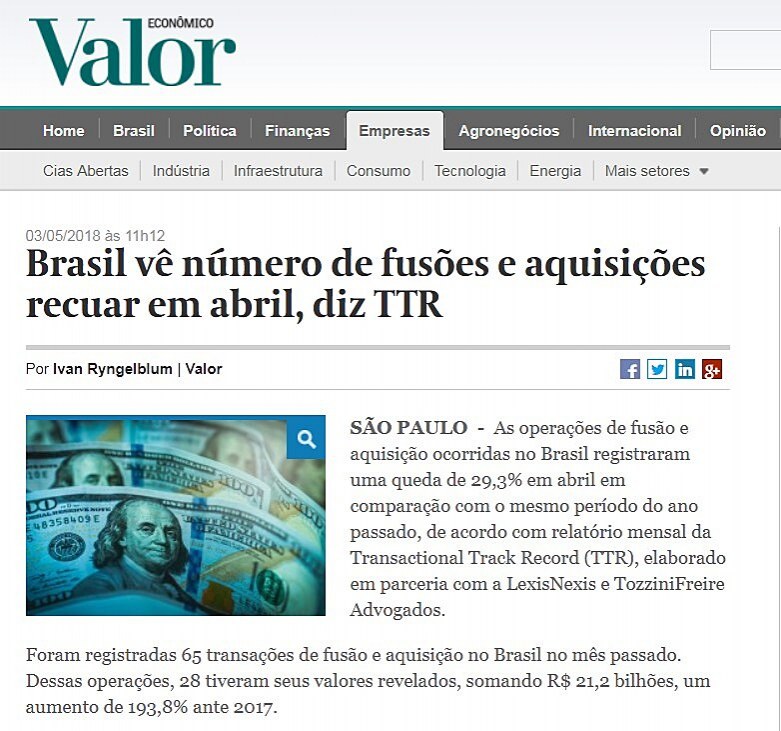 Brasil v nmero de fuses e aquisies recuar em abril, diz TTR